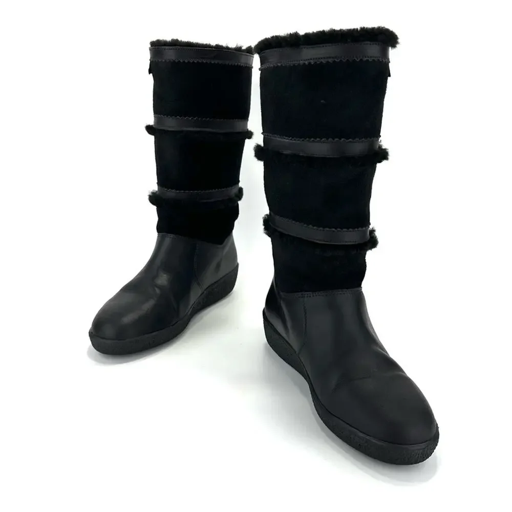 Dival Italy Elisa Black Winter Boot Sz 8 Leather Wool Lining Low Wedge Mid-Calf